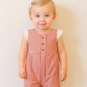 Handmade Red and White Striped Gingham Kids Romper